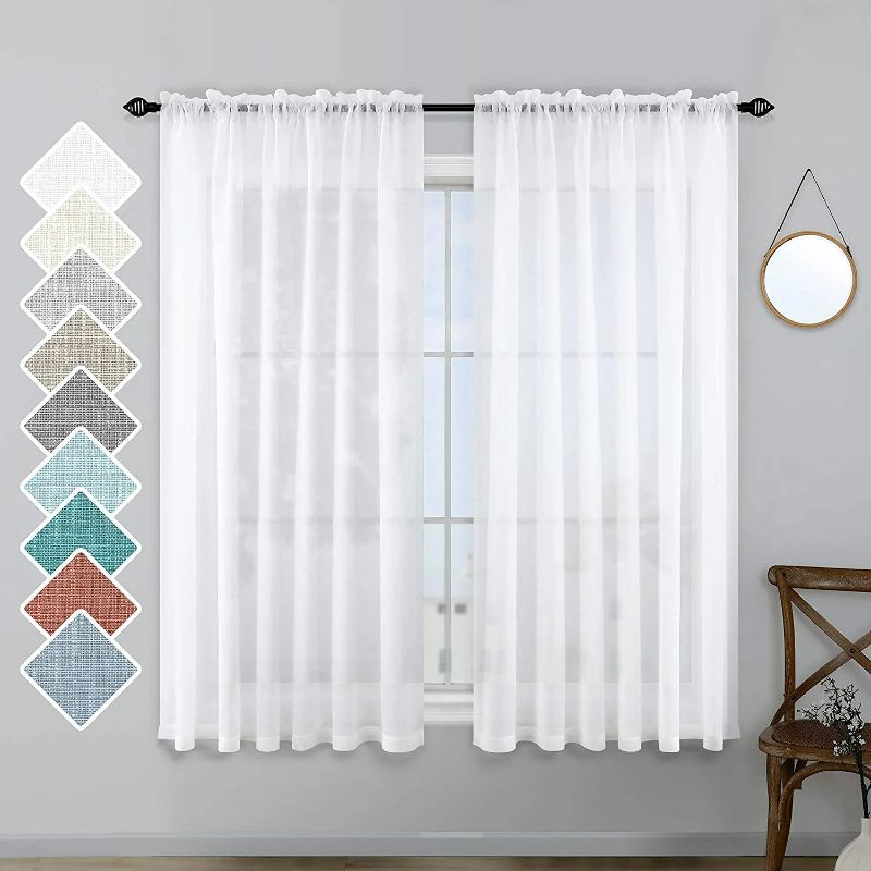 Photo 1 of White Sheer Curtains 45 Inch Length for Kitchen Set 2 Panels Rod Pocket Half Light Filtering Semi Translucent Linen Textured Small Farmhouse Short Curtains for Bedroom Bathroom Front Window 52x45 Long