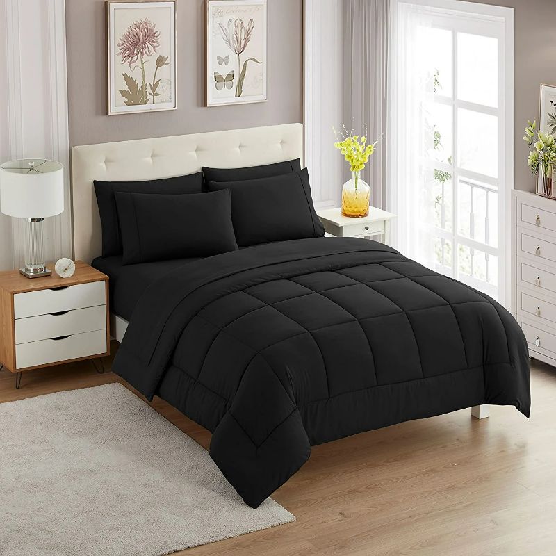 Photo 1 of Sweet Home Collection 7 Piece Comforter Set Bag Solid Color All Season Soft Down Alternative Blanket & Luxurious Microfiber Bed Sheets, Black, Twin