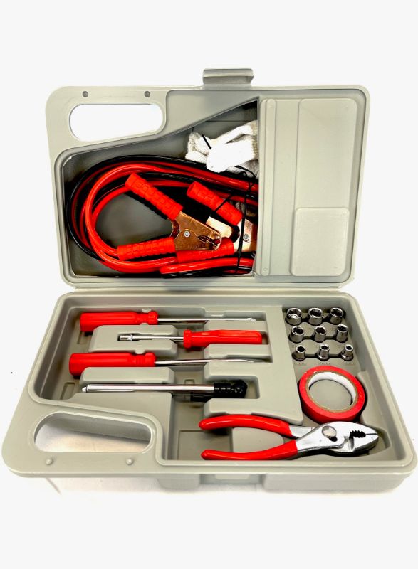 Photo 2 of 8 PIECE CAR TOOL SET 8FT BOOSTER CABLES 9 PIECE SOCKET SET 1 SLIP JOINT 1 PHILIPS VINYL TAPE GLOVES TIRE GUAGE SLOTTED SCREDRIVER NEW $49.99