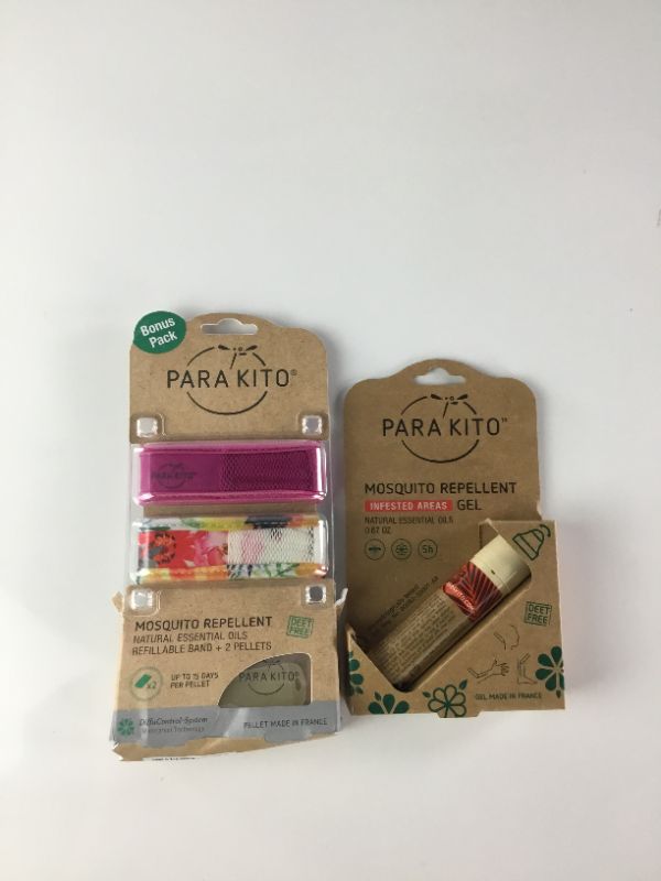 Photo 1 of PARAKITO MOSQUITO REPELLENT WRIST BANDS PACK OF 2 WITH 2 REFILL PELLETS PLUS PARAKITO MOSQUITO ROLL ON GEL .67 OZ NEW IN PACKAGE
$19.5
