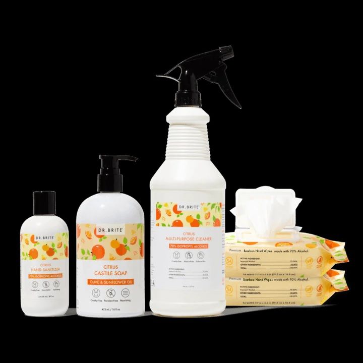 Photo 1 of CITRUS ESSENTIAL KIT 1 SANITIZER 1 HAND SOAP 1 MULTI PURPOSE SPRAY 2 HAND WIPES NEW $44.77