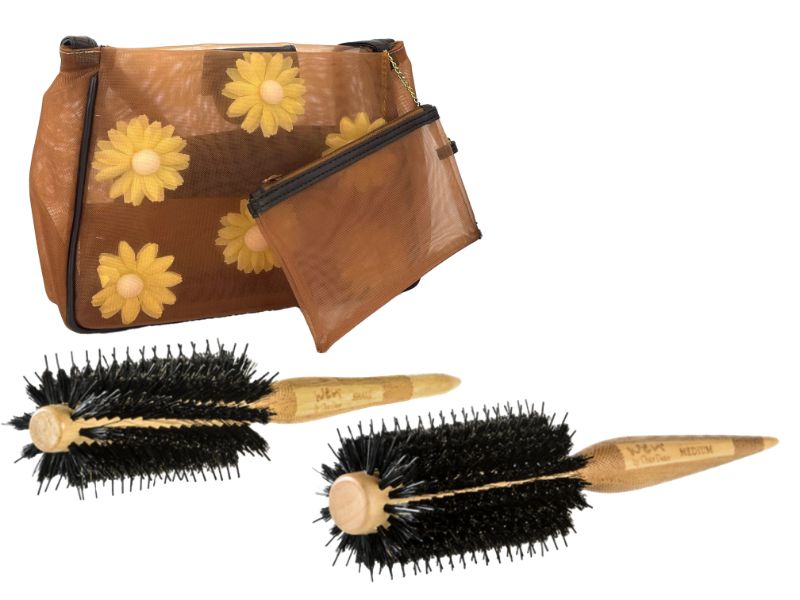 Photo 1 of ROUND BOAR BRISTLE BRUSH NYLON BRISTLES WILL GIVE A SMOOTH POLISHED FINISH SET INCLUDE 1 SMALL BRUSH 1 MEDIUM BRUSH 1 BROWN MESH PURSE NEW $89.99