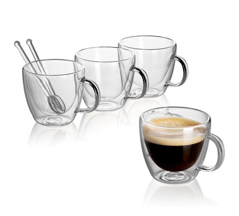 Photo 1 of JECOBI CAFECITO SET OF 4 DOUBLE WALL GLASS MUGS + 2 GLASS SPOONS 5.4 OZ SCRATCH RESISTANT, DISHWASHER SAFE, OVEN AND FREEZER SAFE, ALWAYS STAY CRYSTAL CLEAR $36.90