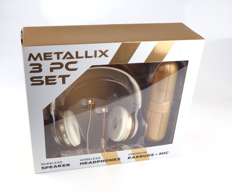 Photo 2 of METALLIX 3 PIECE SET 1 BLUETOOTH SPEAKER 1 WIRELESS HEADPHONE AND 1 EARBUD SET WITH MICROPHONE NEW $29.99