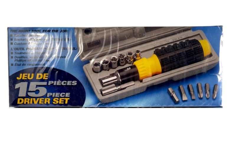 Photo 1 of 15 PIECE SET CONTAINING 1 RATCHET SCREWDRIVER HANDLE 3 STANDARD DRIVER SOCKETS 3 METRIC DRIVER SOCKETS 3 PHILLIPS BITS 1-3 2 SLOTTED BOLTS 1 BIT ADAPTER 1 BIT EXTENSION 1 BLOW MOLDED STORAGE CASE $15.99