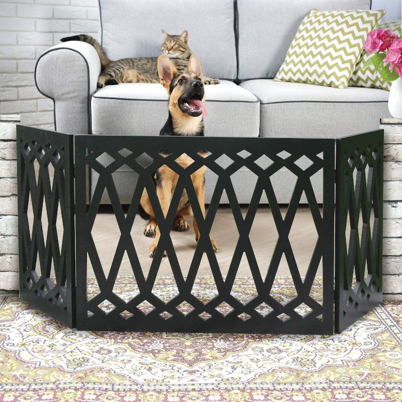 Photo 1 of ETNA 3 PANEL DIAMOND DESIGN WOODEN PET GATE 48IN WIDE X 19IN TALL FOLDS UP FOR STORAGE PRODUCT NEW $42.99