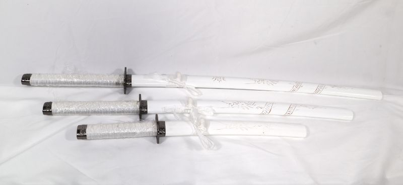 Photo 1 of 3 SET WHITE KATANA SWORDS SIZES LARGE 39INCH MEDIUM 31INCH SMALL 21INCH NEW 