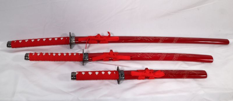 Photo 1 of 3 SET RED KATANA SET SIZES LARGE 39INCH MEDIUM 30INCH SMALL 21INCH NEW