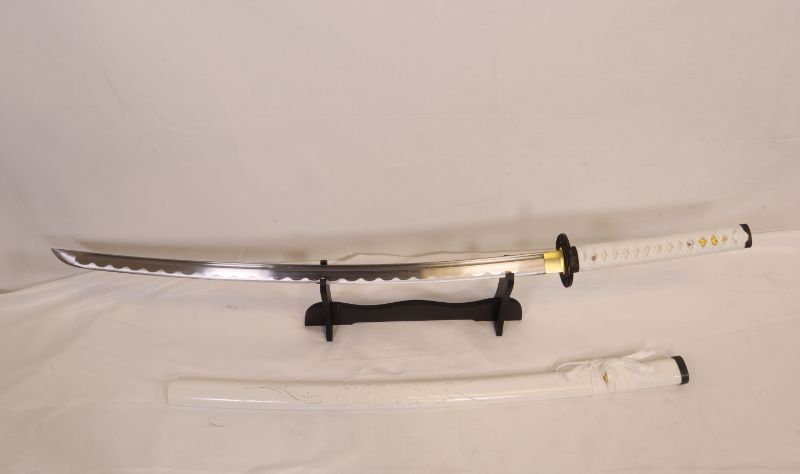 Photo 1 of DRAGON KATANA SWORD WITH STAND 40 INCHES LONG SUPER SHARP BLADE CASE HAS CRACKS NEW 