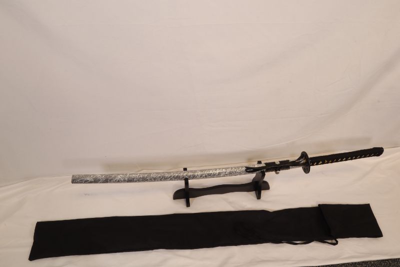 Photo 2 of GREY KATANA SWORD WITH 41 INCHES LONG WITH SOFT CASE AND STAND SHARP NEW 