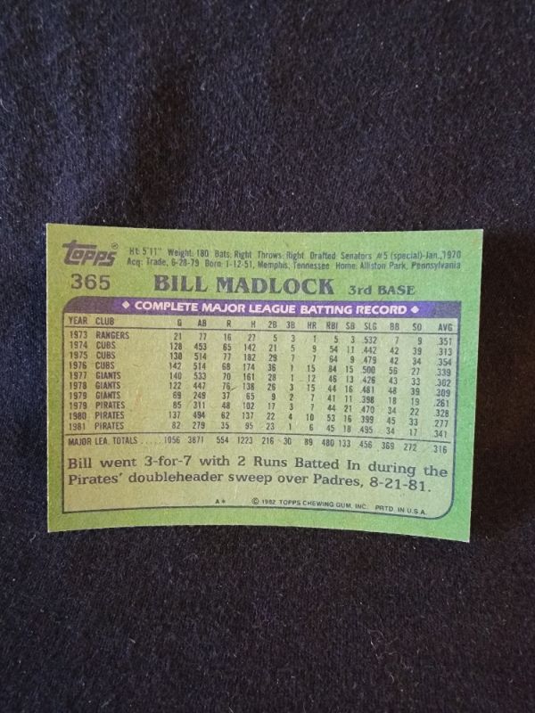 Photo 2 of 1982 BILL MADLOCK TOPPS CARD - EXCELLENT CONDITION