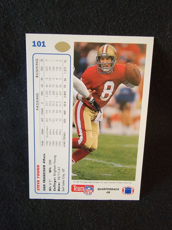 Photo 2 of 1991 STEVE YOUNG UPPER DECK CARD- EXCELLENT CONDITION
