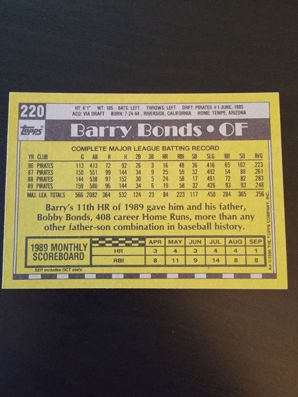 Photo 2 of 1990 TOPPS BARRY BONDS EXCELLENT CONDITION 