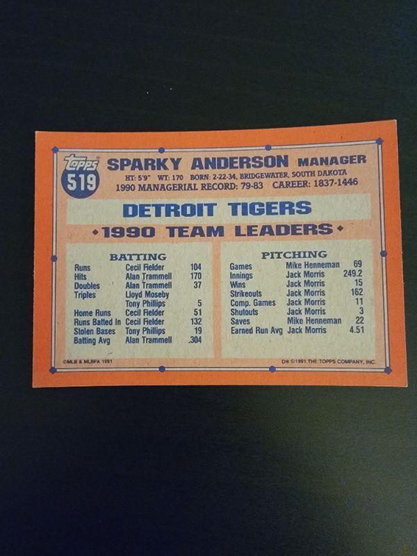 Photo 2 of 1991 SPARKY ANDERSON TOPPS CARD EXCELLENT CONDITION 