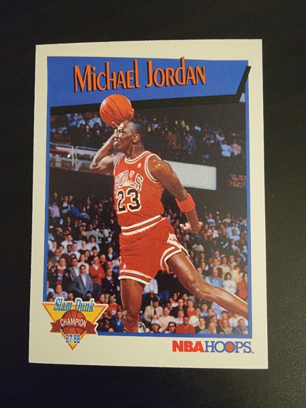 Photo 1 of 1991 MICHAEL JORDAN SLAM DUNK CHAMPION NBA HOOPS CARD EXCELLENT CONDITION 