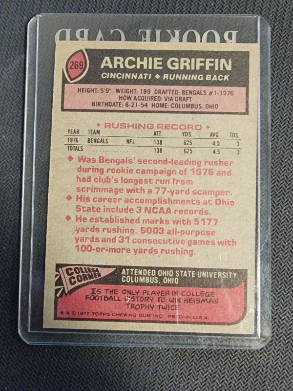 Photo 2 of 1977 ARCHIE GRIFFIN ROOKIE CARD EXCELLENT CONDITION