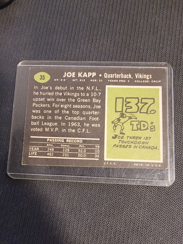 Photo 2 of 1969 JOE KAPP CARD  FAIR - GOOD CONDITION