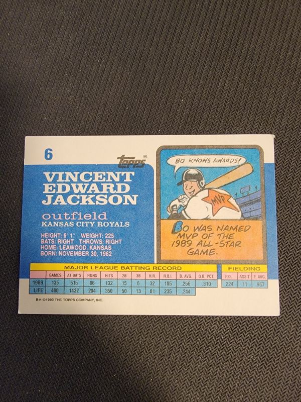 Photo 2 of 1990 BO JACKSON TOPPS CARD EXCELLENT CONDITION