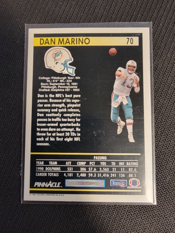 Photo 2 of 1991 DAN MARINO PINNACLE CARD EXCELLENT CONDITION