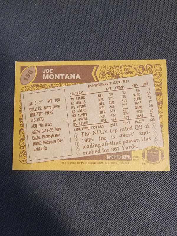 Photo 2 of 1986 JOE MONTANA TOPPS CARD GOOD-GREAT CONDITION