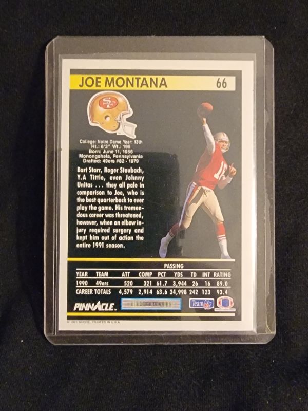 Photo 1 of 1991 JOE MONTANA PINNACLE CARD EXCELLENT CONDITION 