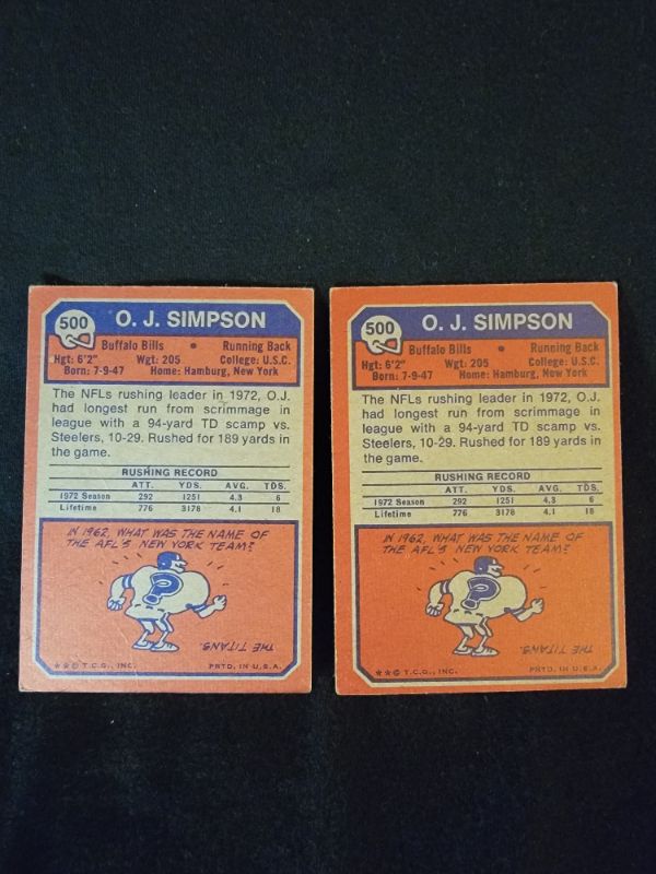 Photo 2 of (2) 1973 OJ SIMPSON CARDS - BOTH CARDS HAVE CREASES AS SEEN IN 3RD PHOTO