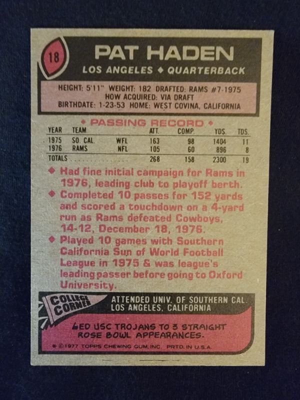 Photo 2 of 1977 PAT HADEN ROOKIE CARD TOPPS