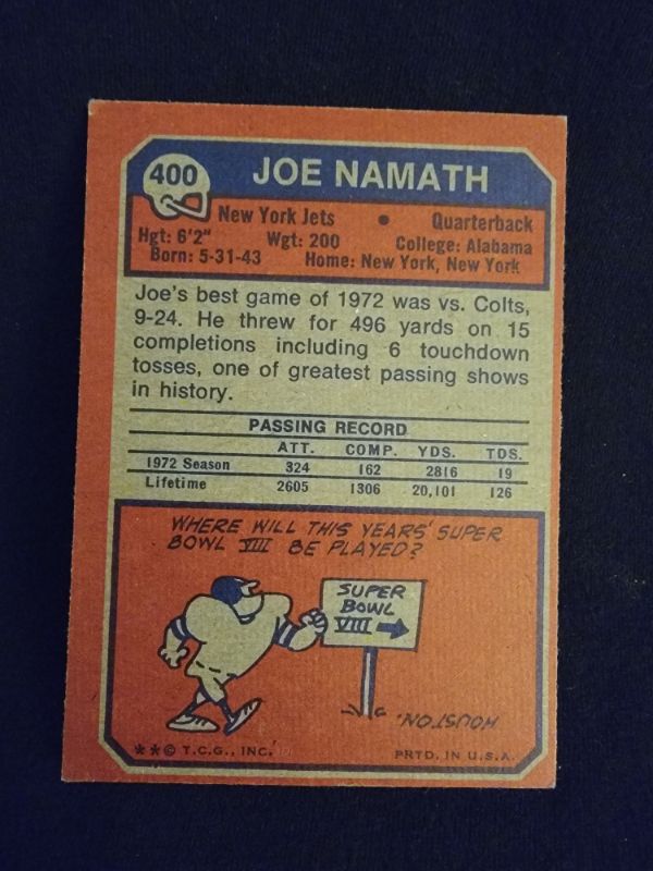 Photo 2 of 1973 JOE NAMATH TOPPS CARD