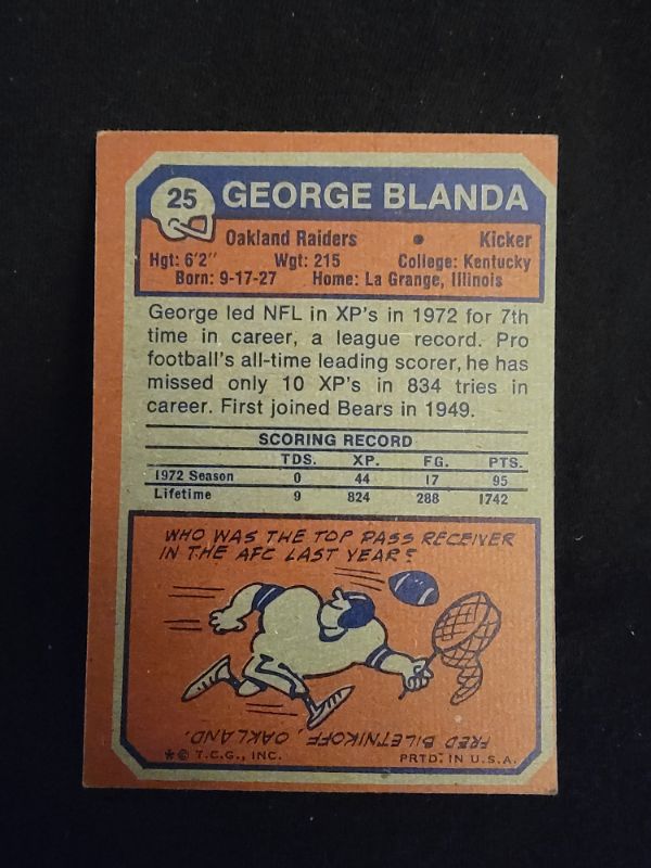 Photo 2 of 1973 GEORGE BLANDA TOPPS CARD