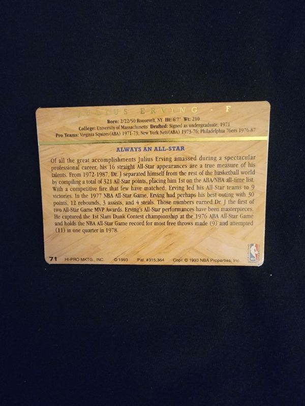 Photo 1 of 1993 JULIUS ERVING "DR J" RAISED CARD
