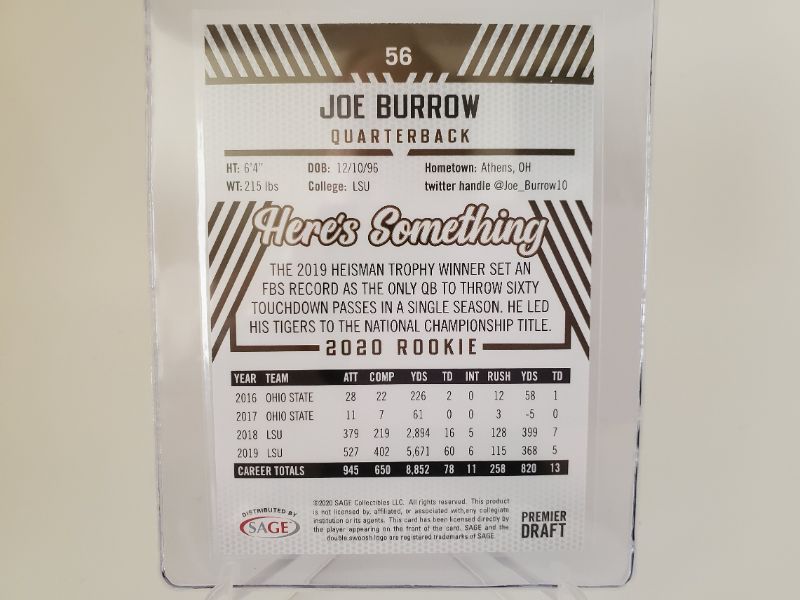 Photo 2 of 2020 PREMIER DRAFT JOE BURROW ROOKIE!!
GET IT BEFORE HE MAKES THE BENGALS A REALL CONTENDOR!!!