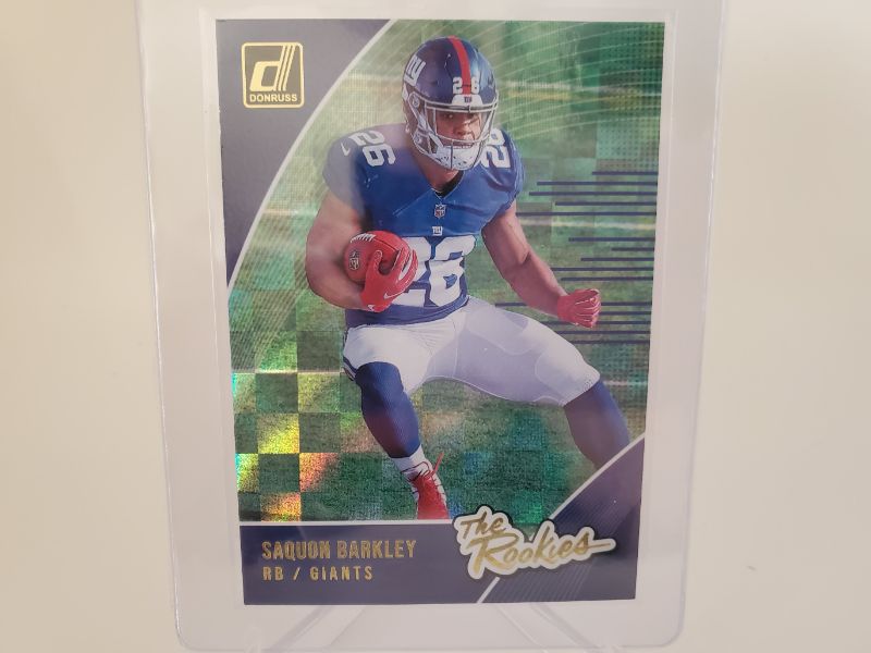 Photo 1 of 2018 DONRUSS SHAQUON BARKLEY THE ROOKIES BLUE EDITION ROOKIE!!
THIS CARD IS IMMACULATE GET IT GRADED FAST!!