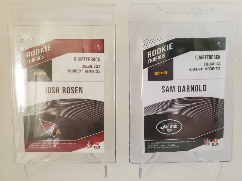 Photo 2 of 2018 PANINI ROOKIE THREADS SAM DARNOLD AND JOSH ROSEN ROOKIE CARDS!!
THESE ARE IMMACULATE AND SAM DARNOLD IS ROCKETING THROUGH THE ROOF.
BAKER MAYFIELDS ARE SELLING FOR 250!!  IS SAM BETTER THAN BAKER??