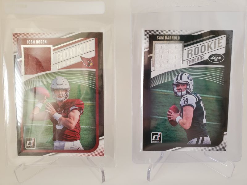 Photo 1 of 2018 PANINI ROOKIE THREADS SAM DARNOLD AND JOSH ROSEN ROOKIE CARDS!!
THESE ARE IMMACULATE AND SAM DARNOLD IS ROCKETING THROUGH THE ROOF.
BAKER MAYFIELDS ARE SELLING FOR 250!!  IS SAM BETTER THAN BAKER??