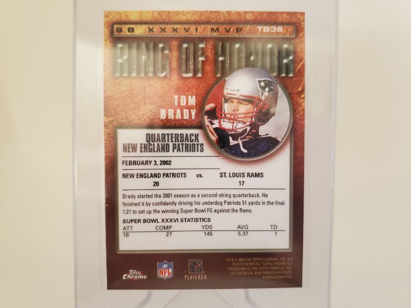 Photo 2 of 2002 TOPPS TOM BRADY 2ND YEAR CHROME RING OF HONOR!!
WOW ARE YOU KIDDING ME!!  THIS IS AN IMMACULATE CARD OF THE GOAT!!
GET IT GRADED FAST!!