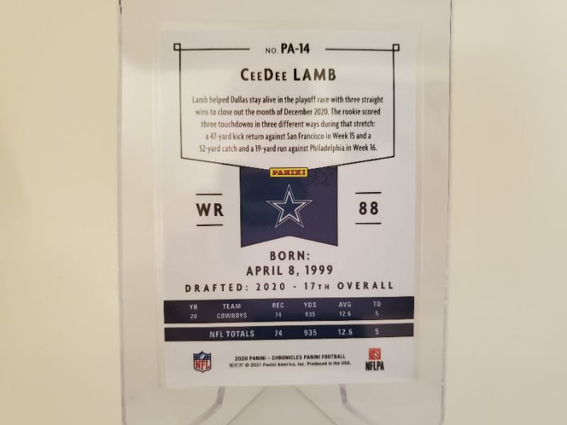 Photo 2 of 2020 PANINI CHRONICLES CEEDEE LAMB!!
THIS IS A PERFECT CARD THAT IS JUST SIMPLY IT!!