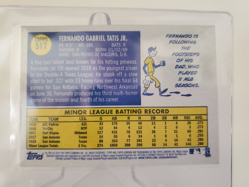 Photo 2 of 2019 TOPPS HERITAGE FERNANDO TATIS JR ROOKIE!!
LOOK AT THIS CARD ABSOLUTELY PERFECT, CENTERED, SHARP CORNERS!!!
