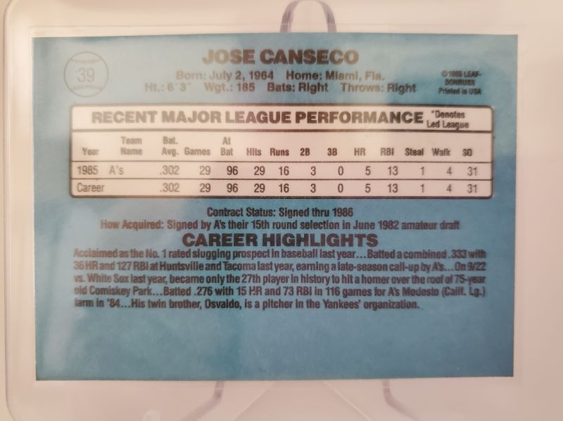 Photo 2 of 1986 DONRUSS JOSE CANSECO ROOKIE!!
HARD CARD TO FIND CENTERED