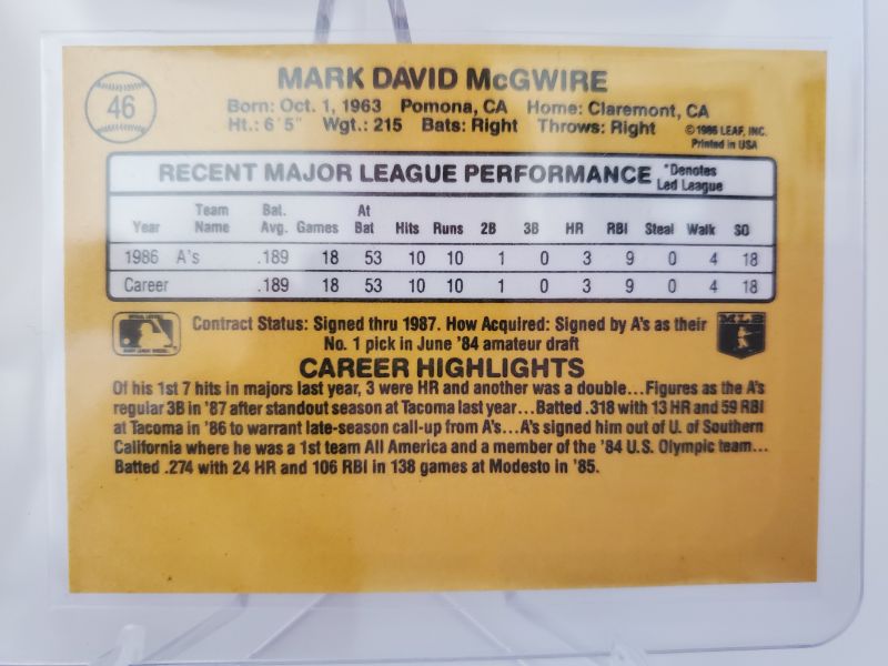 Photo 2 of 1987 DONRUSS MARK MCGWIRE ROOKIE!!
GREAT SHAPE!! VERY SHARP