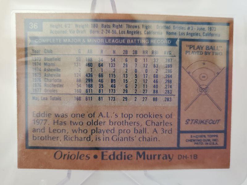 Photo 2 of 1978 EDDIE MURRAY ROOKIE!!
A TOUGH CARD TO FIND IN GOOD SHAPE!!