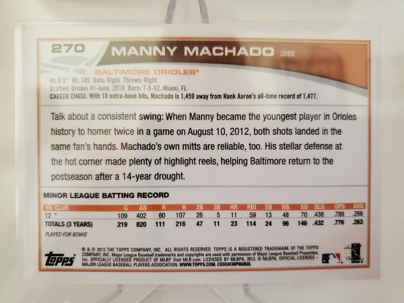 Photo 2 of 2013 TOPPS MANNY MACHADO ROOKIE
WOW IS THIS A PERFECT CARD.