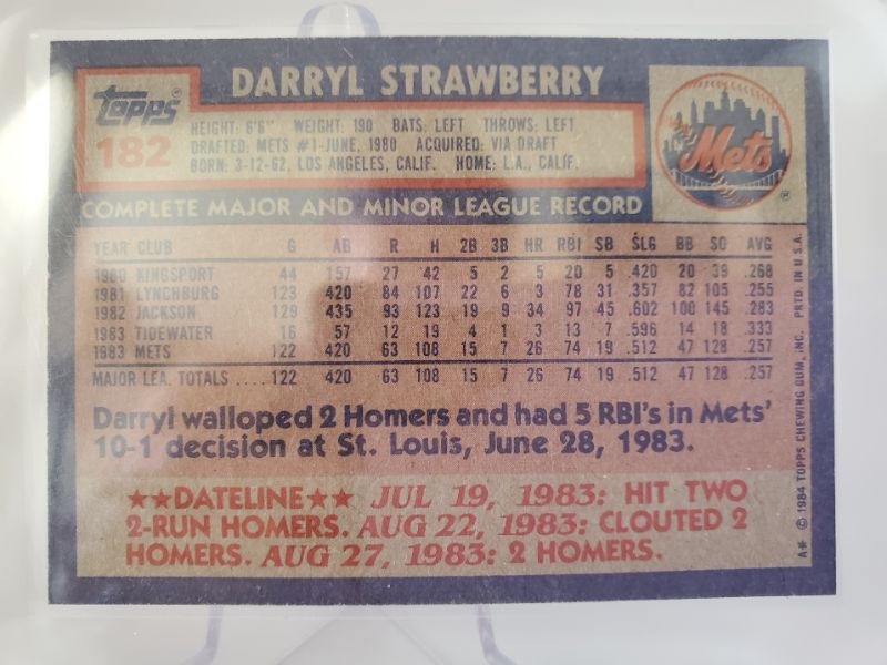 Photo 2 of 1984 TOPPS DARRYL STRAWBERRY ROOKIE!!
THIS CARD IS AS CLOSE TO PERFECT AS YOU WILL FIND. 
MINT CARDS GO FOR 350!! GET A DEAL OF THE YEAR HERE!!