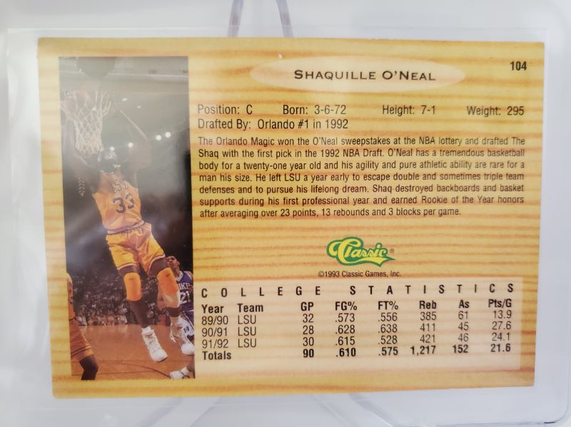 Photo 2 of 1992 CLASSICS SHAQUILLE O'NEAL ROOKIE CARD!!
