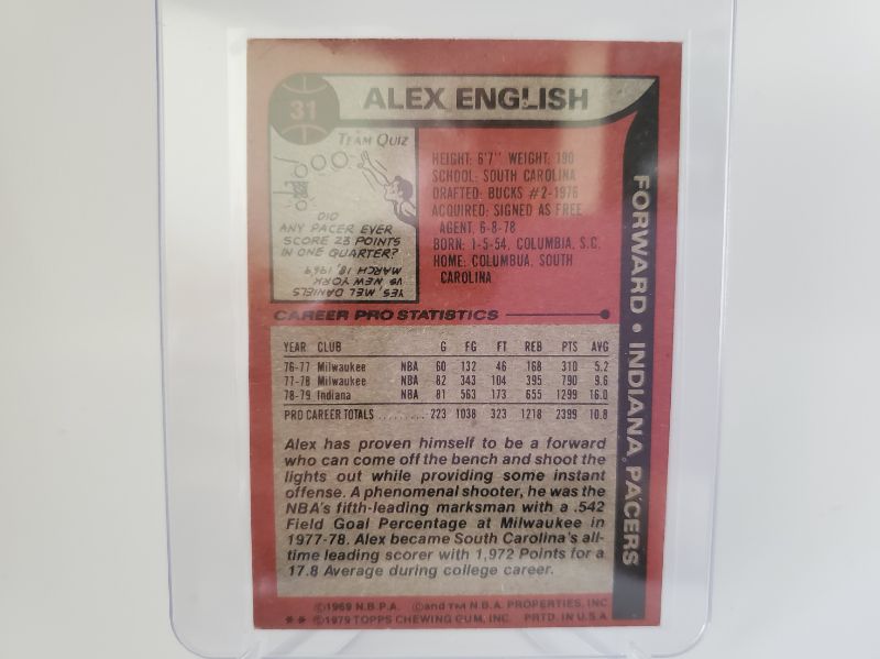 Photo 2 of 1979 TOPPS BASKETBALL ALEX ENGLISH ROOKIE CARD!!
MINT ONES SELL FOR 1700!!!