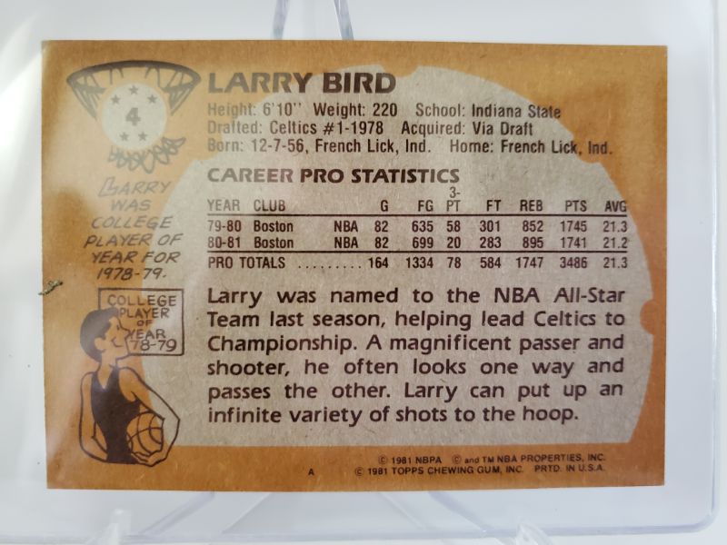 Photo 2 of 1981 TOPPS LARRY BIRD 1st SINGLE CARD!!!
MINT CARDS OF THESE SELL FOR 35K!!! WOW WHAT A BARGAIN THIS ONE IS!!
LOOK AT THE SHAPE OF THIS CARD