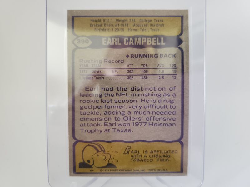 Photo 2 of 1979 EARL CAMPBELL ROOKIE!!
MINT ONES GO FOR 12K!!  HOW NICE IS THIS ONE!!  PICTURES DON'T LIE