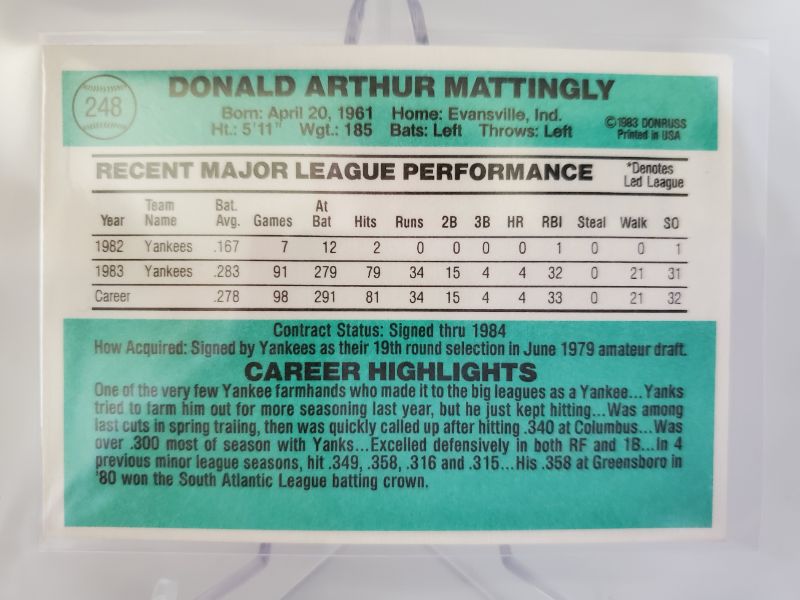 Photo 2 of 1984 DONRUSS DON MATTINGLY ROOKIE!!
WOW THIS IS THE NICEST ONE I'VE SEEN!! GET IT GRADED!!
MINT ONES SELL FOR 2,500!!!