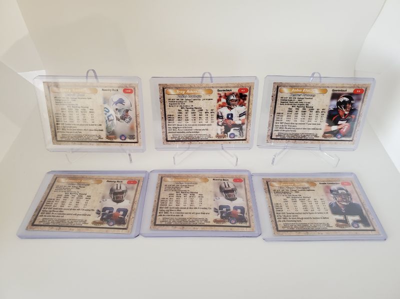 Photo 2 of 1998 BOWMANS FINEST FOOTBALL 6 PLAYERS!!
BARRY SANDERS, EMMITT SMITH, JOHN ELWAY, AIKMAN!!
EACH CARD IS OVER 50 A PIECE IF PSA MINT!! LOOK AT THESE CARDS!!