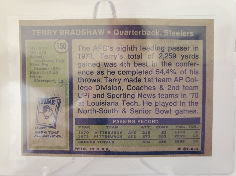 Photo 2 of 1972 TERRY BRADSHAW 2ND YEAR CARD!!!
SHARP CARD OF AN HOFer THAT EASILY GOES FOR MORE THAN 1500 IF PSA MINT!!!