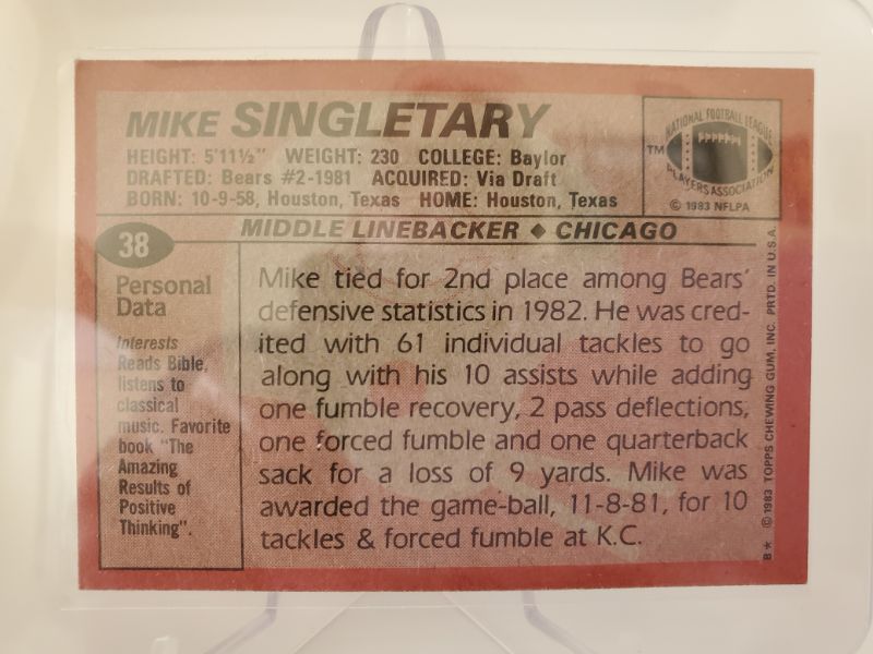 Photo 1 of 1983 MIKE SINGLETARY CARD!!
WOW IS THIS CARD IMMACULATE OR WHAT??